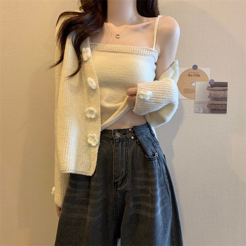 Flower Sweater Cardigan Jacket For Women Spring & Fall Soft Waxy Short Small Suspender Top Two-Piece Suit - Image 5